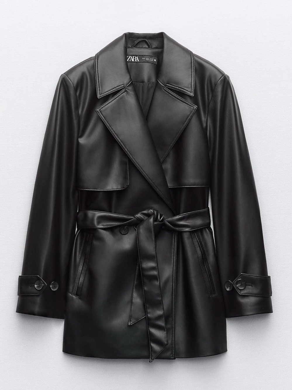 Zara Black Faux-Leather Short Belted Trench Jacket